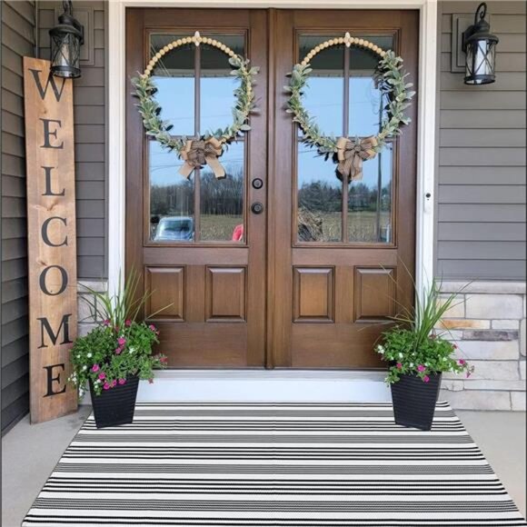 Black & White Striped Outdoor Rug Front Porch Rug 35.4''x59'' Cotton Hand-Woven - Picture 1 of 8